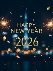 Golden happy new year 2026 text with sparkling fireworks and confetti over a bokeh city lights background