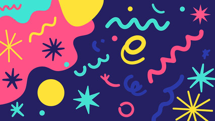 Vibrant abstract background with colorful geometric shapes, squiggles, and stars in a playful retro style, perfect for a creative celebration or festive event