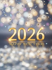 Golden 2026 numbers with happy new year text and sparkling bokeh lights background celebration