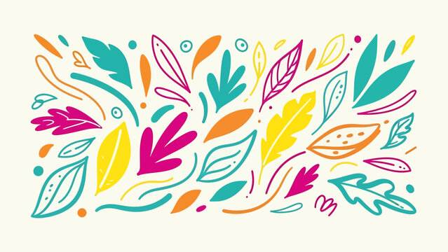 Vibrant and Colorful Abstract Leaves and Swirls Pattern with a Playful Hand-Drawn Aesthetic