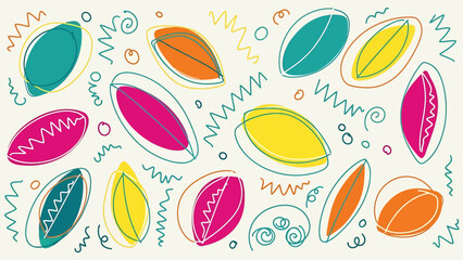 Vibrant abstract hand-drawn doodle pattern featuring organic leaf shapes and playful lines, ideal for modern graphic design backgrounds and creative projects