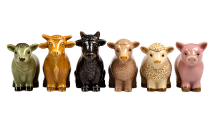 A cluster of ceramic farm animal figurines (e.g., cow, sheep, pig) arranged in a neat row on a village windowsill, isolated on a Transparent background