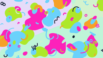 Dynamic abstract pattern featuring a cheerful assortment of organic shapes in bright, contrasting colors, accented by playful squiggles for a modern and energetic background