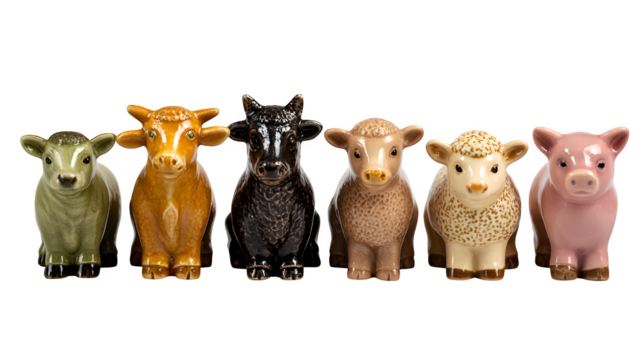 A cluster of ceramic farm animal figurines (e.g., cow, sheep, pig) arranged in a neat row on a village windowsill, isolated on a Transparent background