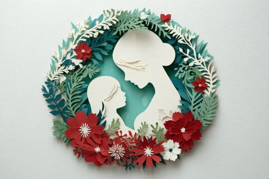 Paper craft silhouette artwork depicts maternal embrace surrounded by layered floral wreath