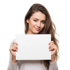 Naklejka premium Young woman with long brown hair holding a blank white sign with a slight smile isolated on transparent background