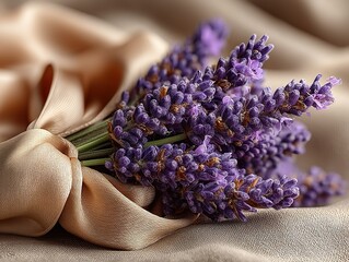 Fototapeta premium Lavender Bundle With Silk Ribbon In Minimal Luxury Background