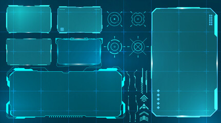 Futuristic tech boxes and HUD-style blue callout frames.