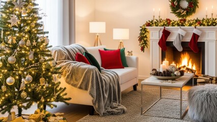 Fototapeta premium クリスマスツリーのあるクリスマスアレンジメントのインテリア