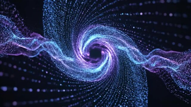 Seamless loop of glowing blue and purple particle streams flowing and converging in balanced, harmonious energy waves visualization, zen, harmonious