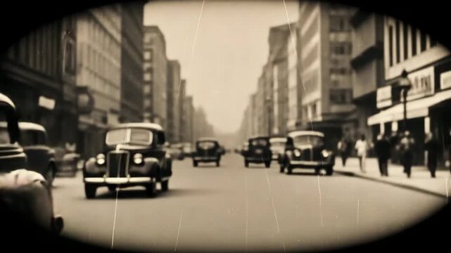 Vintage cars driving down a sepia toned city street