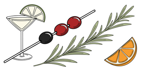 Elegant cocktail illustration with fruit garnish and rosemary sprig design