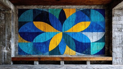 Vintage geometric wall backdrop concept. Vibrant mural on an industrial wall, showcasing geometric patterns.