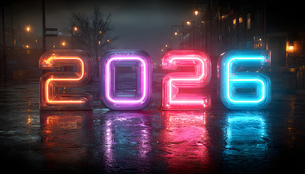 Futuristic 2026 neon glowing numbers in vibrant blue and purple light reflecting on a dark wet surface.