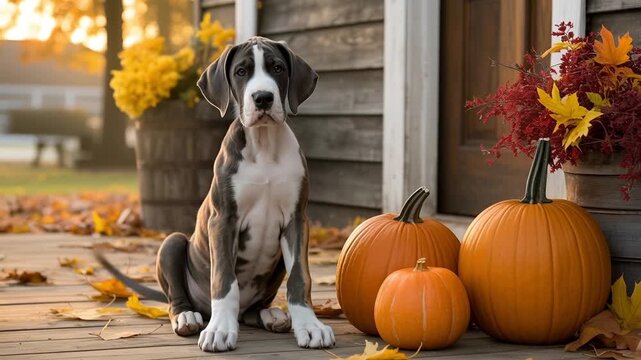 Adorable great dane puppy with pumpkins in cozy autumn setting