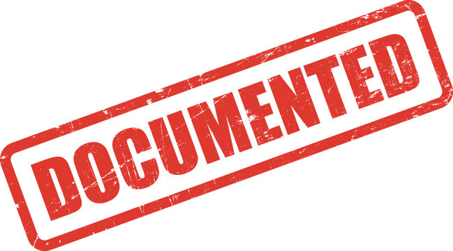 Red documented grunge stamp angled on a white backdrop indicating verification and approval for official use