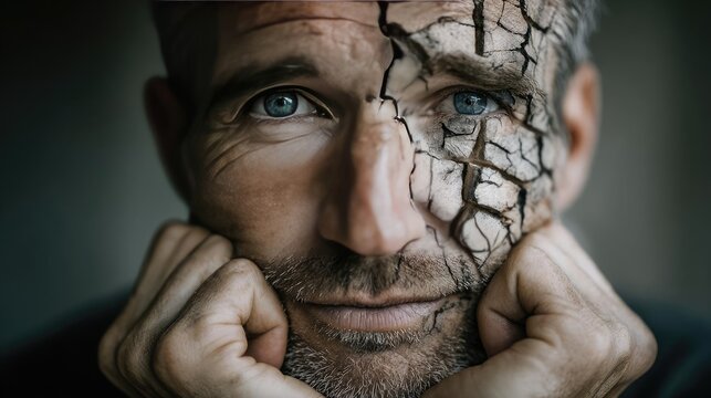 Smiling man hides pain behind joyful expression concept. A man with a cracked face conveys deep emotional struggle.