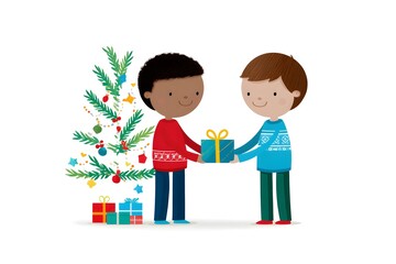 Illustration: multicultural children exchanging gifts under a decorated tree, vibrant color, clear space at bottom for message