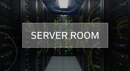 Rows of electronic equipment racks line a dimly lit data center corridor displaying status lights