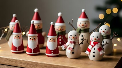 Collection of charming handmade wooden christmas ornaments featuring santa claus and snowmen