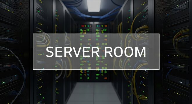 Rows of electronic equipment racks line a dimly lit data center corridor displaying status lights