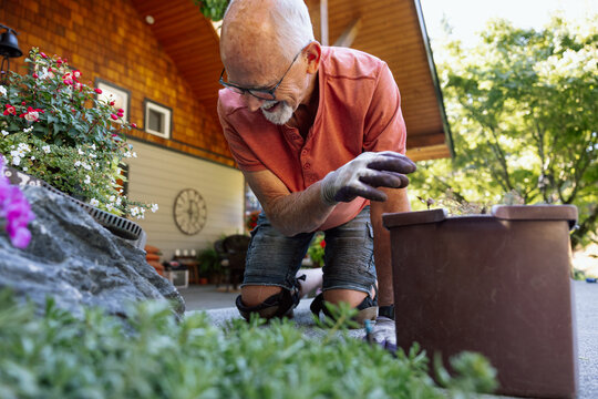 Candid senior man gardening by house, kneeling and weeding garden