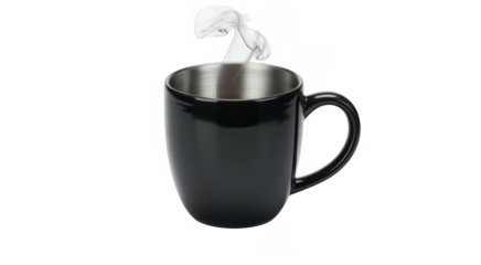 Black ceramic mug with stainless steel interior emitting white steam isolated on a transparent background
