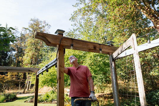 Man in garden at wooden pergola with string lights and gloves