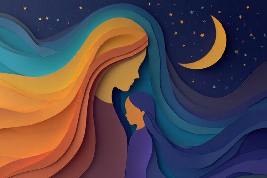 Layered paper cut silhouettes depict maternal bond under a starry night sky with a crescent moon