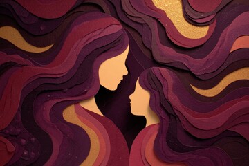Layered paper cut silhouettes depict the profile bond between an adult and a child amidst flowing hair elements
