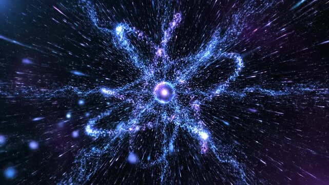 Seamless loop of glowing blue and purple subatomic particles moving rapidly along invisible quantum pathways universe, microscopic, graphics