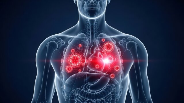 Human torso xray showing lungs affected by infection