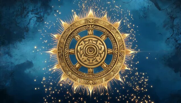 Symbolic 4K Ultra HD abstract background featuring the Wheel of the Law Dharmachakra symbol with a gold texture beautifully revealed by scattering glitter dust onto a blue shiny grunge with a subtle