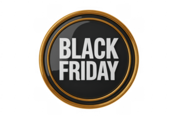 Black Friday text on a dark circular emblem with gold trim isolated on a transparent background