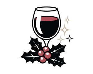 Christmas wine glass with holly icon isolated