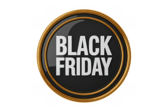 Black Friday text on a dark circular emblem with gold trim isolated on a transparent background