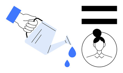A hand pours water from a watering can, emphasizing nurturing. Woman symbolizes empowerment beside an equality mark. Ideal for diversity, equity, care, support, rights, inclusivity themes simple