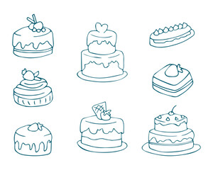Hand drawn set of sweet cakes pastries and desserts outline collection