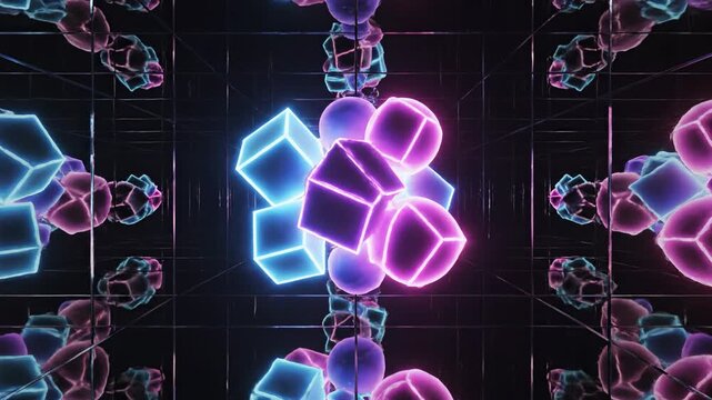 Seamless loop of glowing geometric forms reflecting infinitely inside a dark, polished, mirrored cubic chamber enclosed, glowing, dynamic