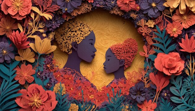 Stylized paper cut artwork depicts a mother and child embraced by a vibrant wreath of colorful blossoms - Powered by Adobe