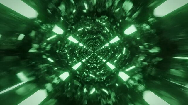 Seamless loop of glowing green geometric tunnels creating an infinite sci-fi corridor animation modern, deep space, depth