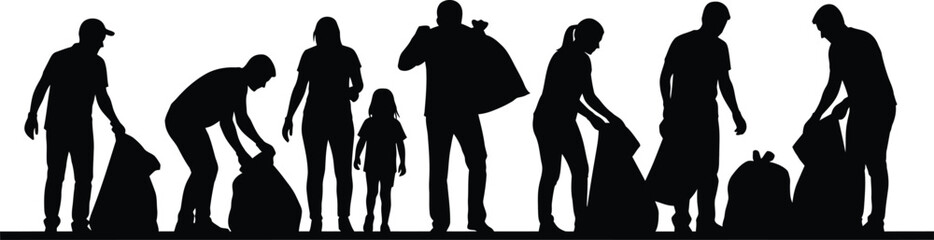 Group of volunteers cleaning up trash silhouettes vector illustration