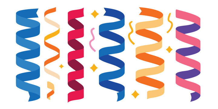 Colorful party streamers and confetti on white background for festive celebrations