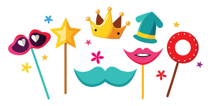 Colorful photo booth props for parties and celebrations on a white background