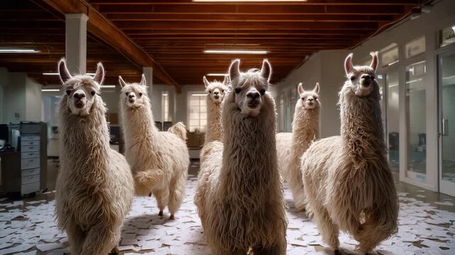 A whimsical scene unfolds as a group of fluffy alpacas strides confidently through an office, surrounded by flurries of paperwork, bringing a light-hearted chaos to the workspace.