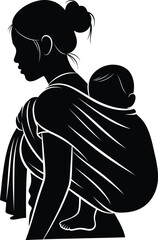 Mother and baby silhouette carrying child in baby wrap vector icon illustration
