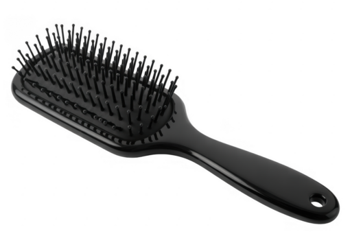 Black paddle hair brush with rounded bristles on a dark background isolated on a transparent background