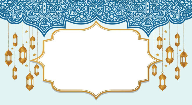 Elegant islamic background design featuring ornate blue arabesque patterns hanging golden lanterns and a central white frame perfect for ramadan or eid greetings