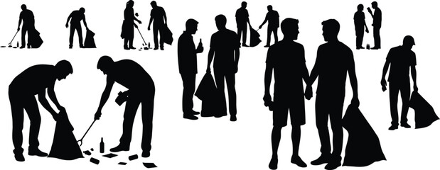 Group of volunteers cleaning up trash and litter silhouettes set Environmental conservation, community cleanup, and waste removal vector graphics