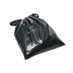 Black plastic garbage bag tied closed with drawstring isolated on a transparent background